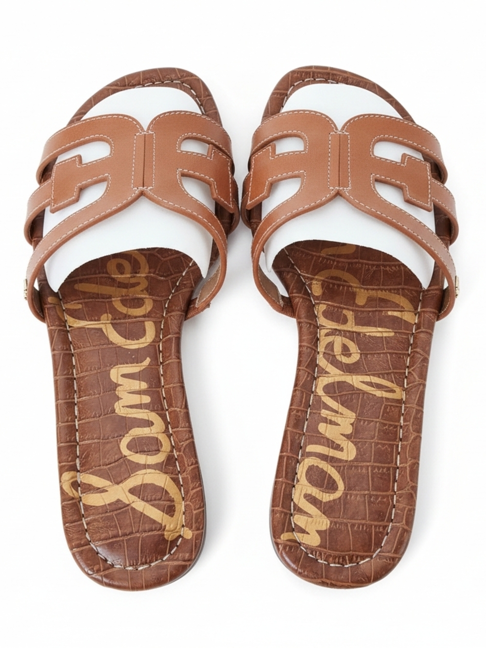 Sam Edelman Bay Slide Sandals Leather Saddle Brown Croc Embossed Size 8W NEW